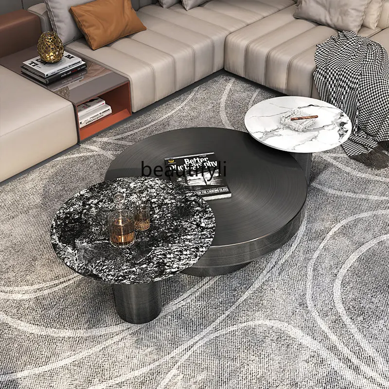 Italian Minimalist Stone Plate Coffee Table round Stainless Steel Size Coffee Table TV Cabinet Combination