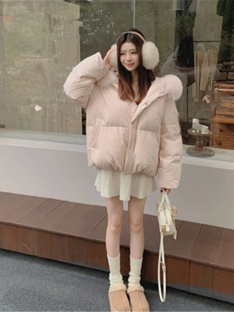 

Preppy Style Sweet Parkas Women Cute Long Sleeve Vintage Faux Fox Hooded Cotton Coat Winter Thick Warm New Outwear