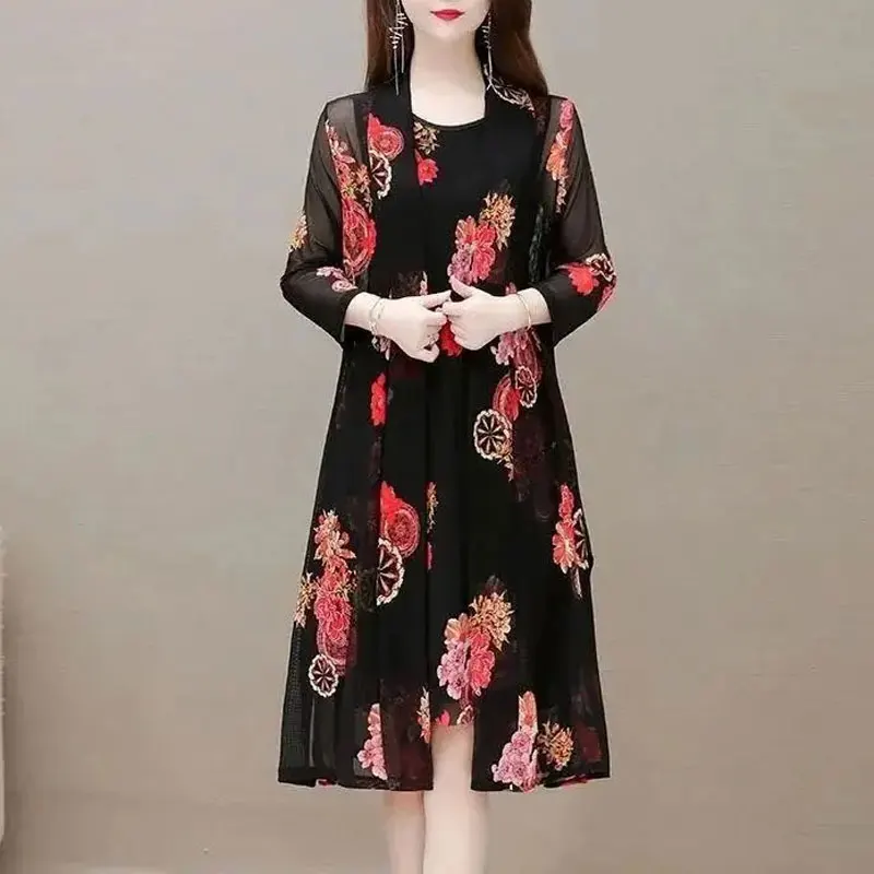 Vintage Flowers Printed Midi Dress Sets Commute Two Piece Women\'s Clothing Summer Thin Casual Oversized A-Line Matching Sets New