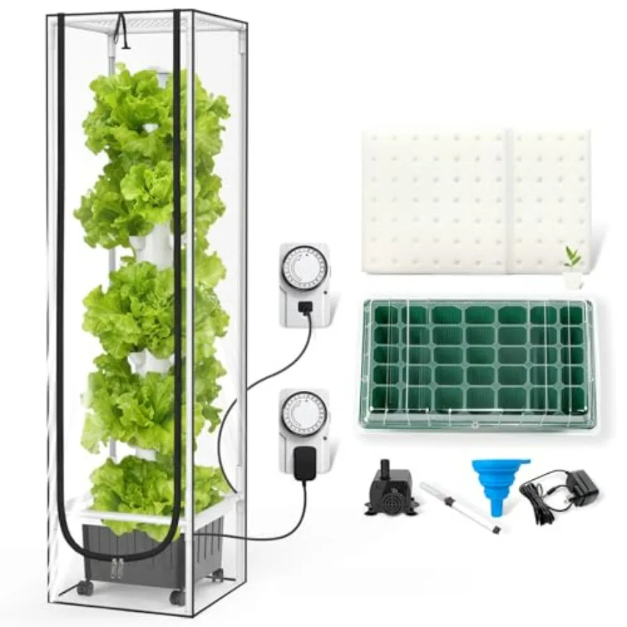 

Hydroponic Tower for Indoor Herbs Fruits Vegetables, ABS Plastic White, 5000K Full-Spectrum Lights, 45 Pods 15 Tiers Auto Water