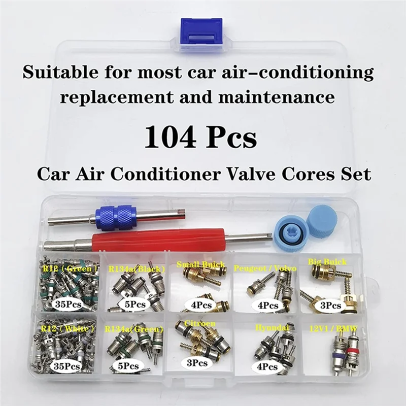 Carro Ar Condicionado Válvula Núcleos Variedade, AC Shrader Válvula Núcleo e Ferramenta, A/C, R134, R12, Válvulas HVAC, 104pcs