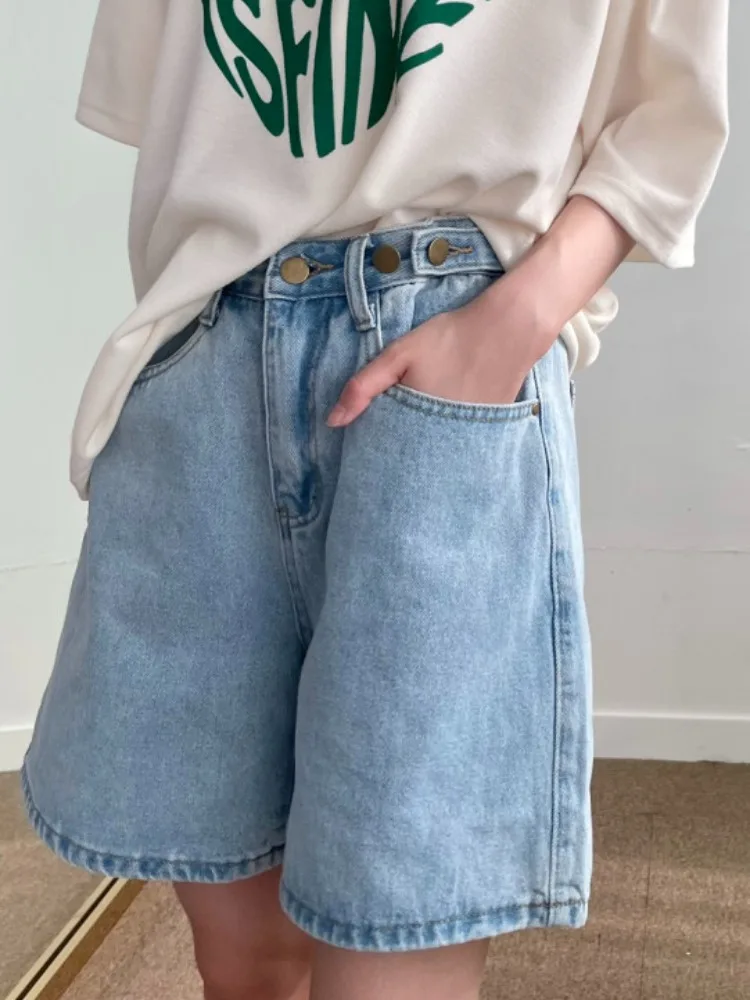 Summer Chic Vintage Slimming A-Line Wide Leg Hot Pants High Waist Adjustable Buckle Denim Shorts Women Blue High Waist Wide Leg