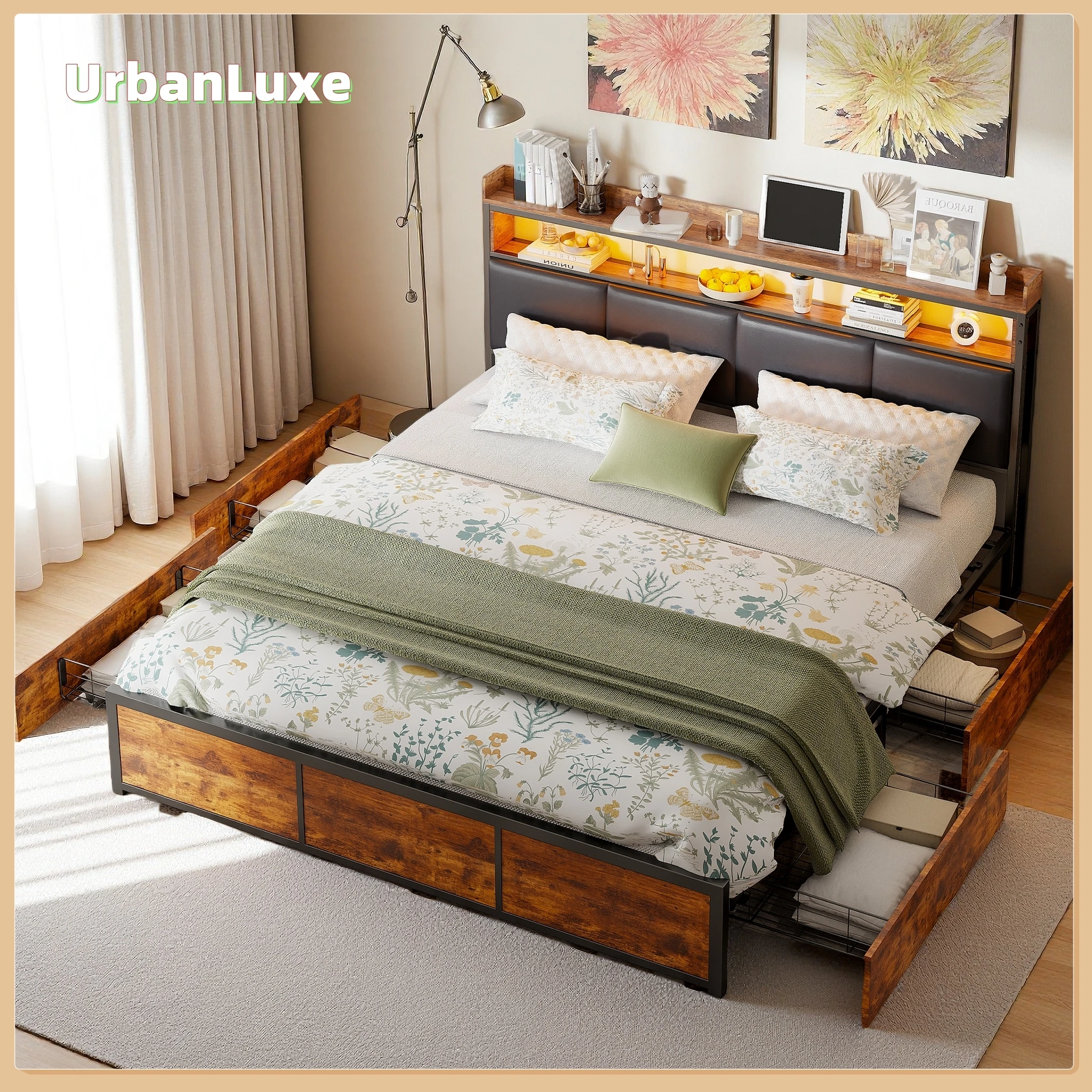 Cama 180x200 cm con 4 cajones y barra de luz LED, estructura de hierro, somier de láminas PU