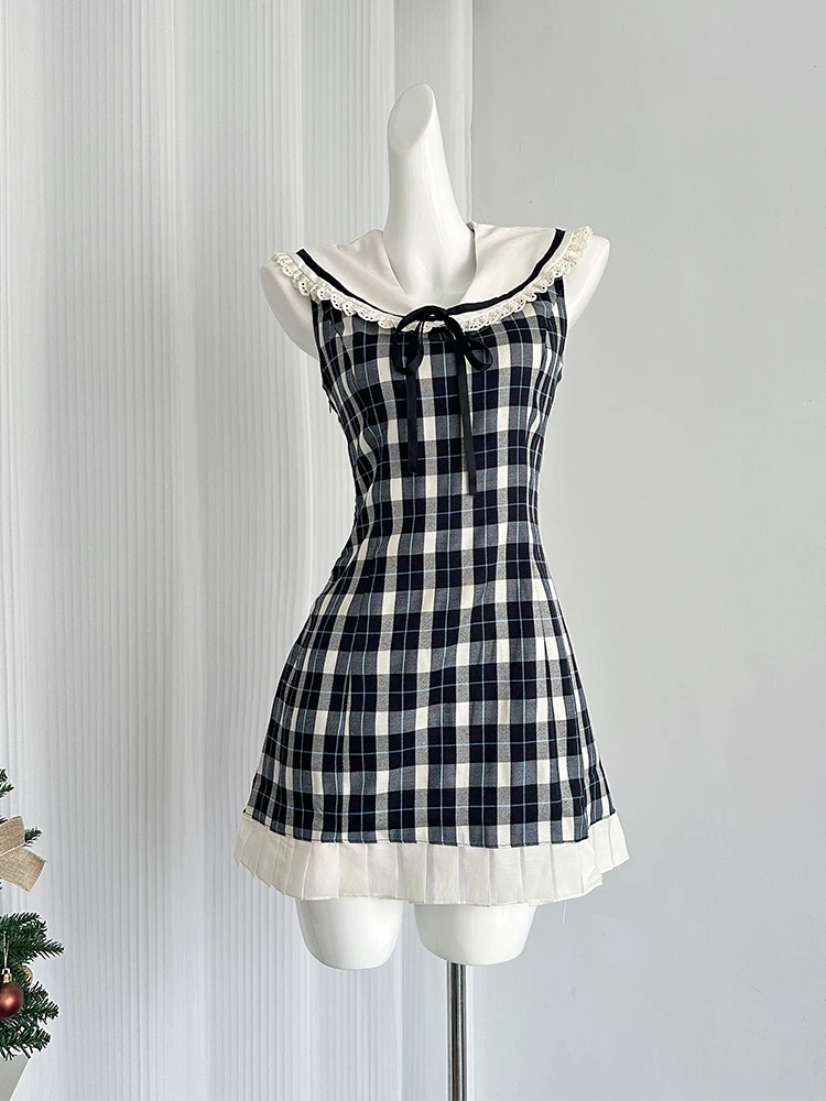 Summer Korean Vintage Mori Girl Preppy Prom Gown Mini Plaid Dress Women Cute Core Party Frocks Coquette Gyaru 2000s Aesthetic