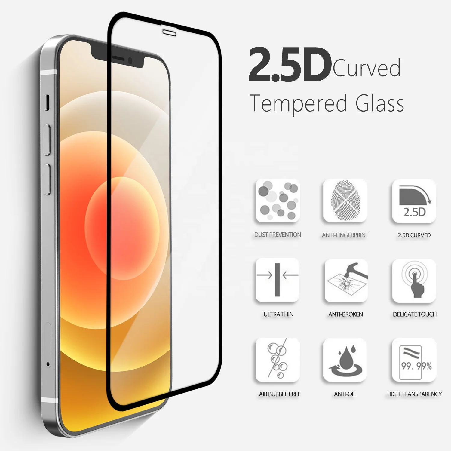 2.5D 9H Full Cover Anti-Shock Premium Mobile Phone Tempered Glass Film Screen Protector For Iphone 12