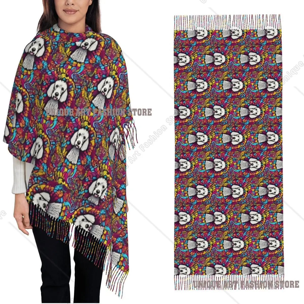 

Психоделический бедлингтон-терьер, милый шарф для собак, женские теплые зимние шали из пашмины и накидка, большой шарф-шаль с мультяшными животными