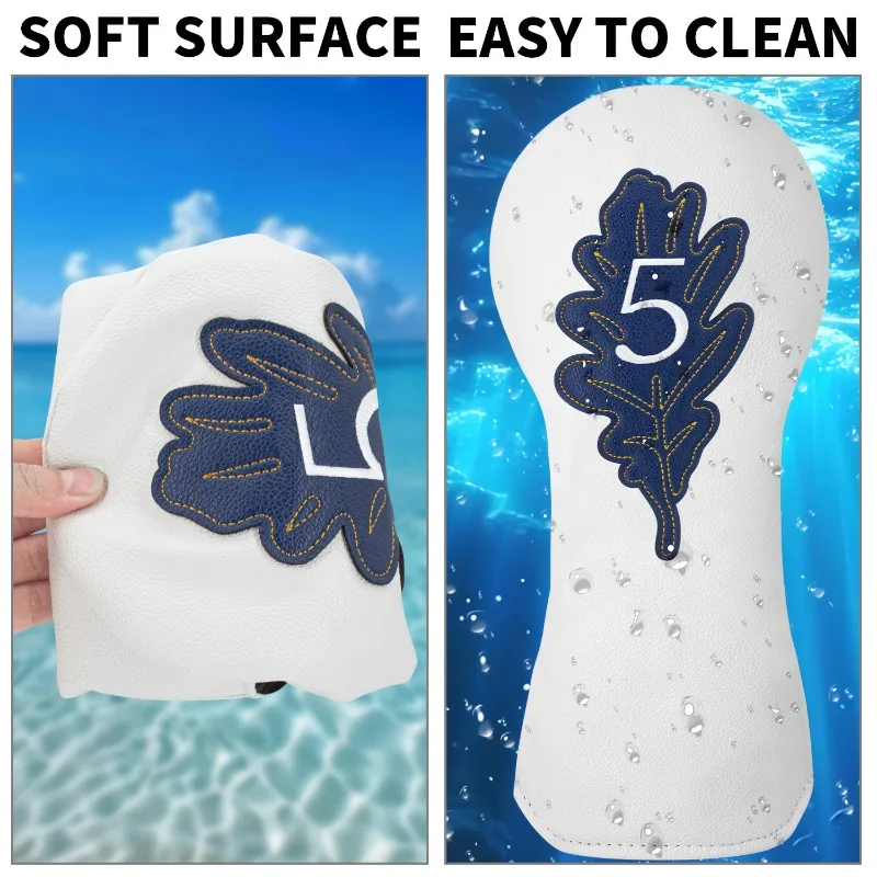 Golf Club Head Covers - Ultra-Durable Synthetic, White with Blue Leaf Patterns & Numbered 1-5 Markings image 5