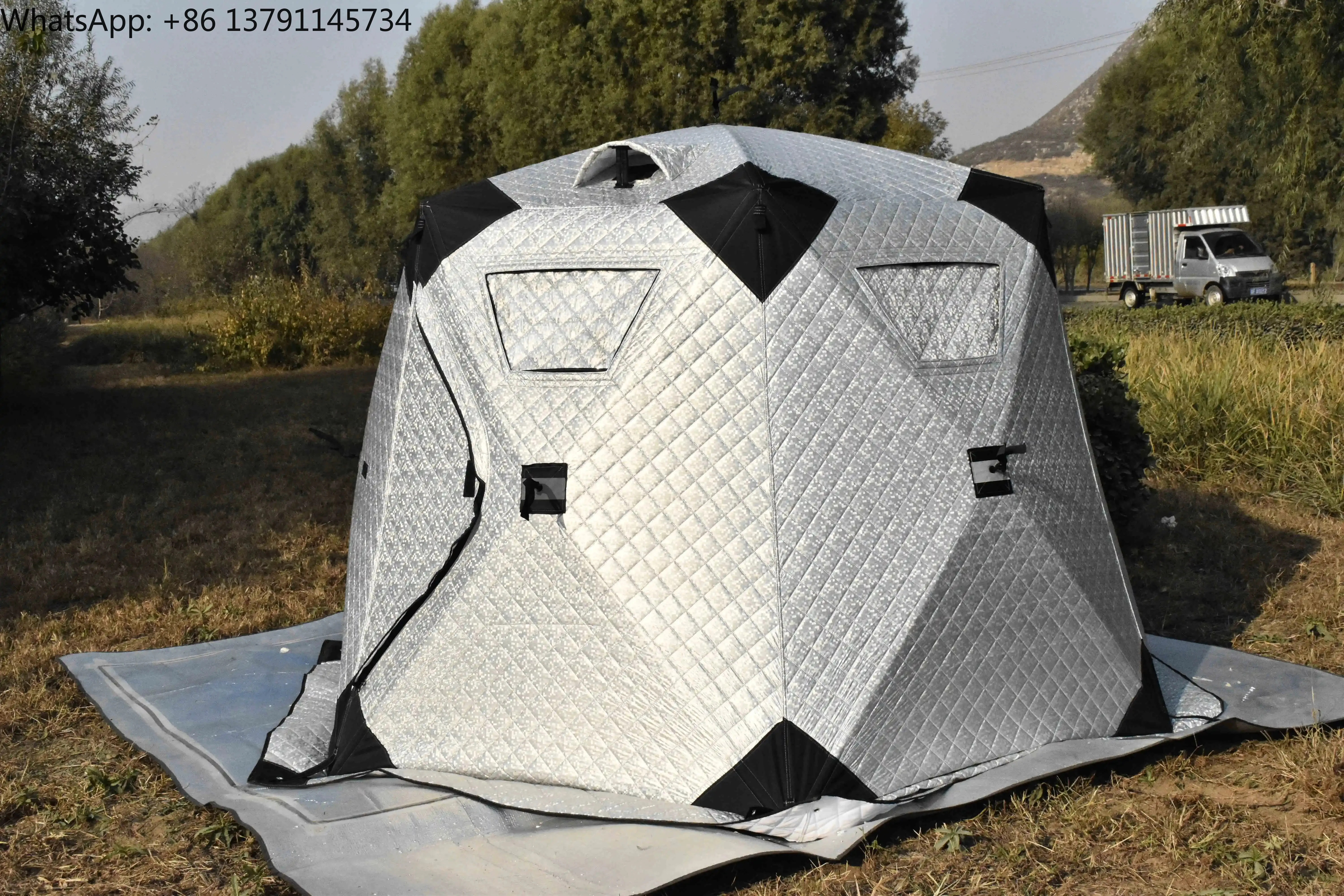 Ice Cube 3-4 Persons Instant Shelter Winter Fishing Tent Blue Silver with Mat
