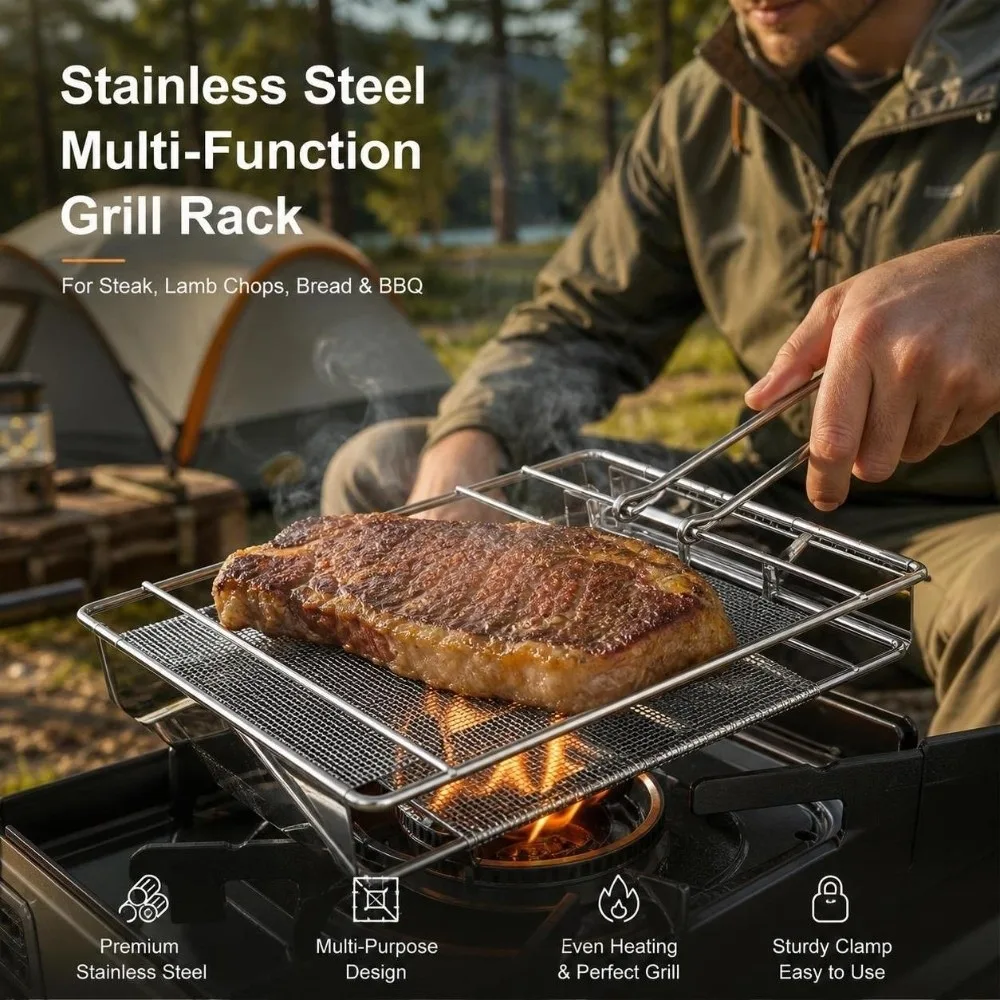 Durable Stainless Steel Outdoor Toast Toaster Rack Foldable Rectangular Bread Rack Handheld Toast Bread Grill Rack Meat Skewers