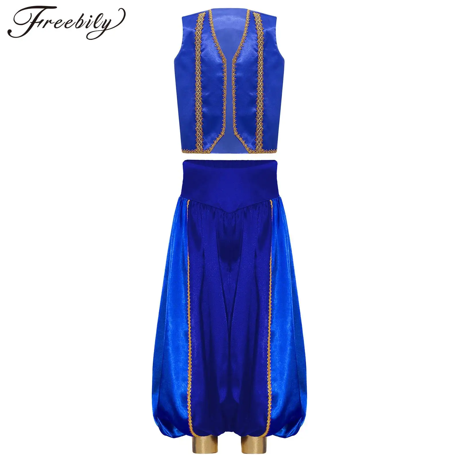 

Костюм арабского принца для мальчиков, детский костюм на Хэллоуин в арабской тематике, нарядное платье, комплект из 2 предметов, блестящая атласная майка и мешковатые штаны