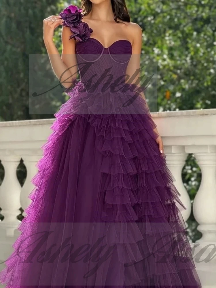 A2862 고품질 퍼플 여성 이브닝 드레스 롱 원숄더 러플 티어드 튤 웨딩 게스트 파티 프롬 정장 맞춤 제작
