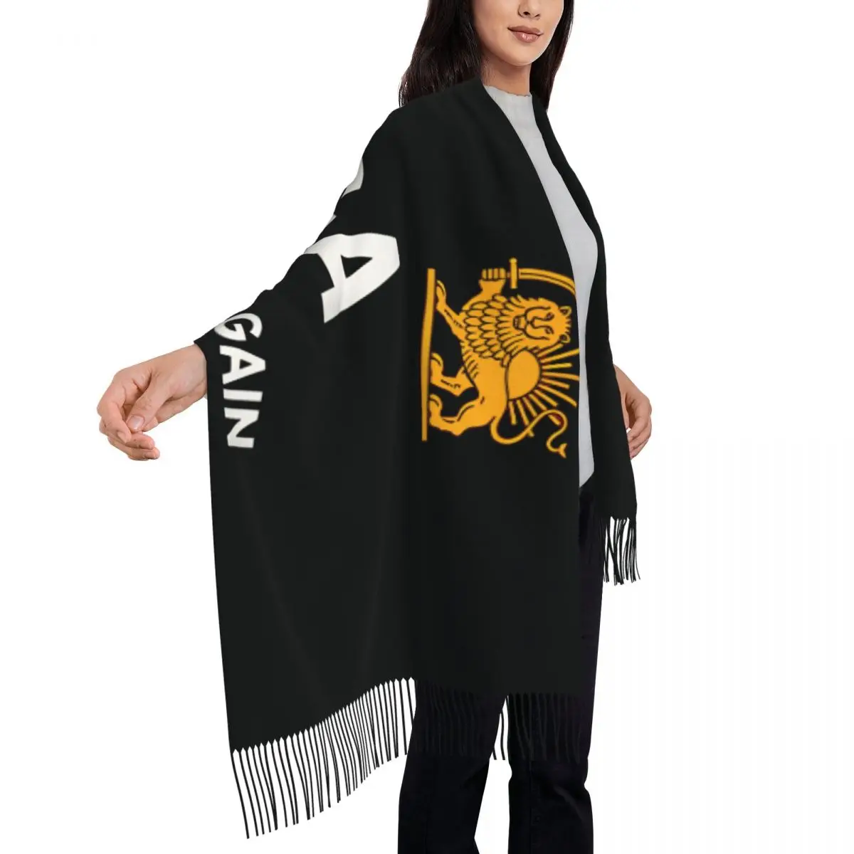 Make Iran Great Again Scarf with Long Tassel Iranian National Emblem Gold Lion Keep Warm Shawl Wraps Headwear Scarves Bufanda