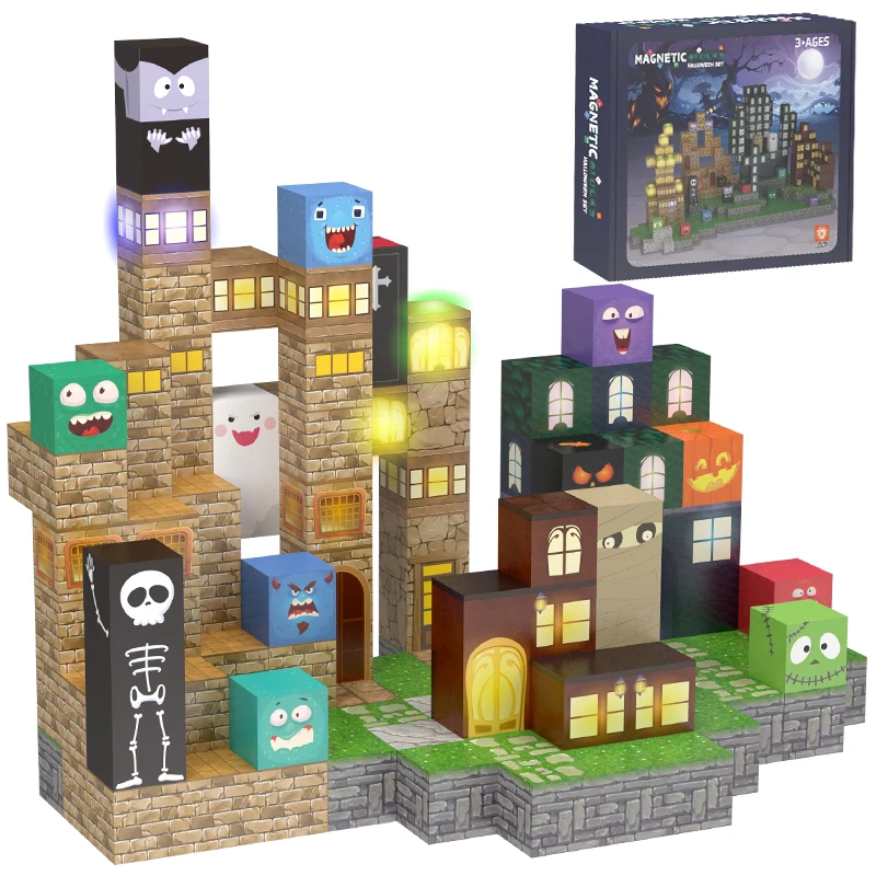 

Kids Magnetic Building Blocks 110PCS-Spooky House Building Set,Pumpkin And Ghost STEM Toys For Boys And Girls