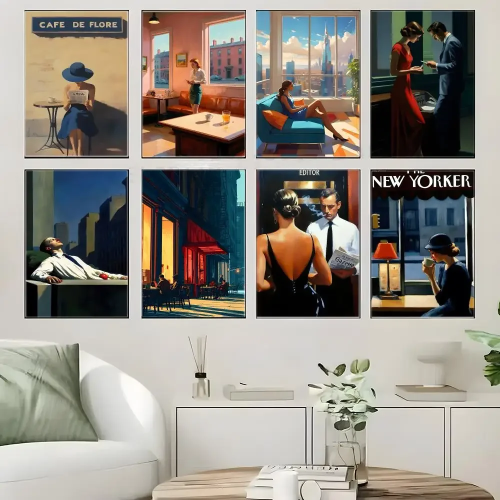 Urban Solitude Edward Hopper City Poster Self-adhesive Art Waterproof Paper Sticker Coffee House Bar Room Wall Decor