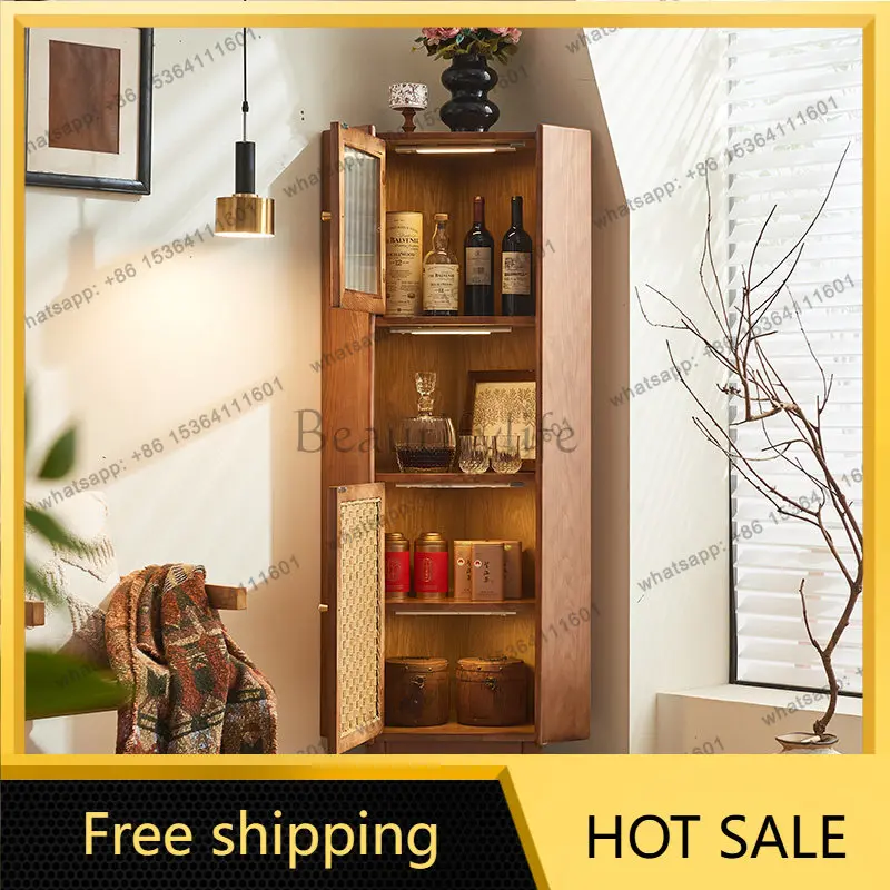 LD antique solid wood rattan corner cabinet retro corner rattan storage wine cabinet