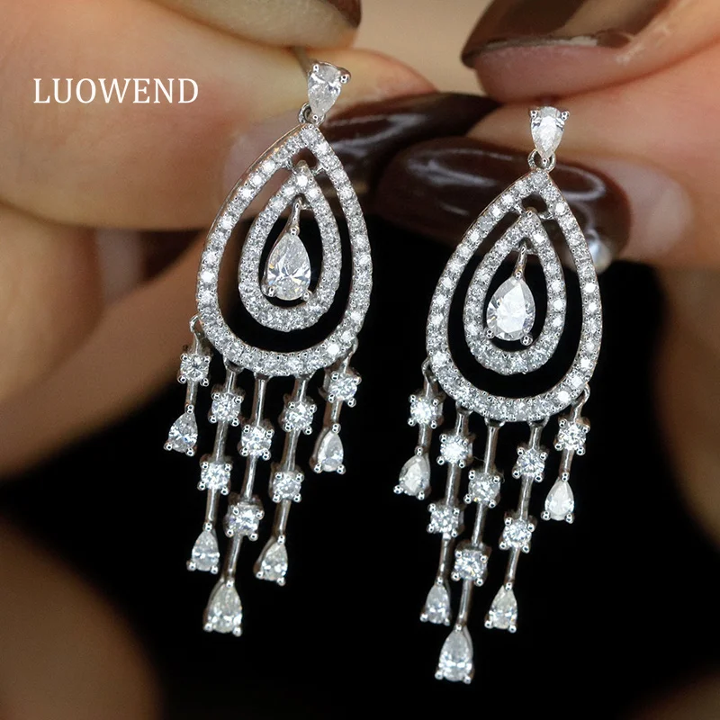 

LUOWEND 100% 18K White Gold Earrings Luxury Elegant Style 1.60carat Real Natural Diamond Drop Earrings for Women Fine Jewelry