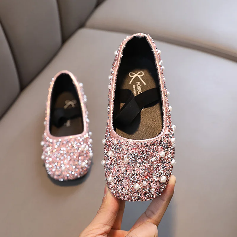 Children\'s Leather Shoes Spring Autumn New Shiny Rhinestone Girls\' Princess Shoes Fashion Flat Kids Single Shoes J140