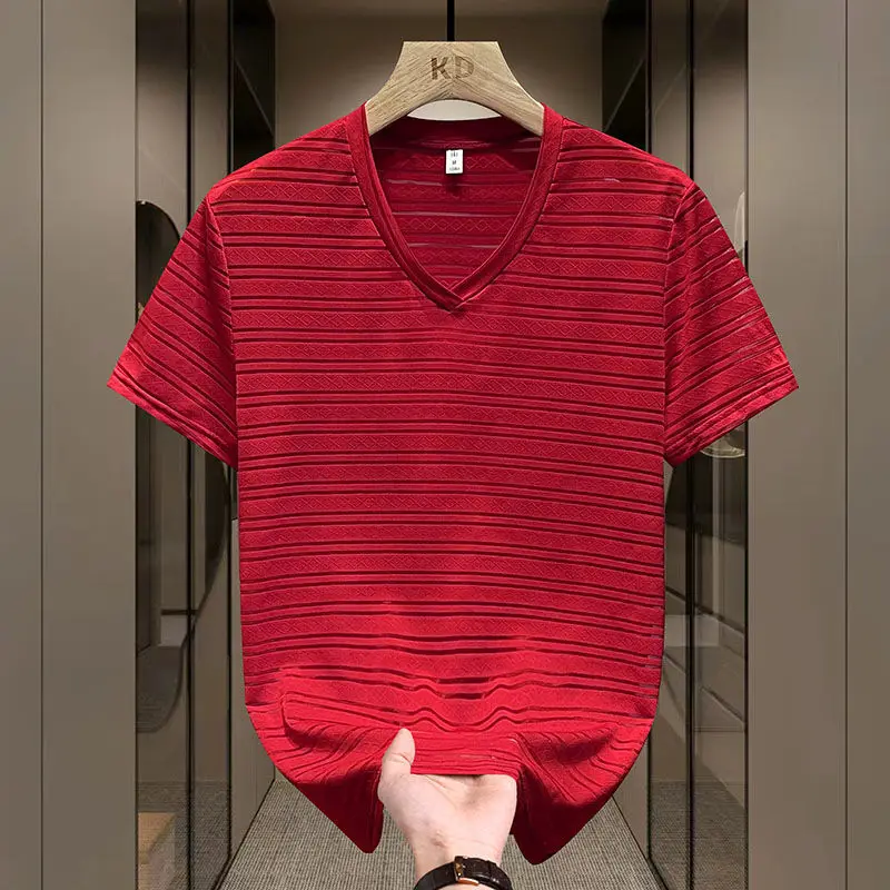 Fashion V-Neck Solid Color Spliced Hollow Out T-Shirt Men Clothing Summer New Loose Short Sleeve Casual Tops Punk Tee Shirt - Detail 1