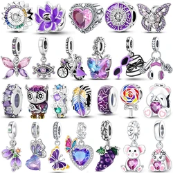 925 Sterling Silver Purple Bead Flower butterfly Dangle Charm Fit 4MM hole diameter Bracelet Necklace 925 Jewelry Gift making