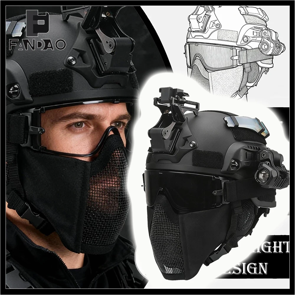 Full Set of MICH Tactical Helmet Kit Airsoft Protective Equipment with Steel Mesh Face Mask Flashlight for Paintball Cosplay