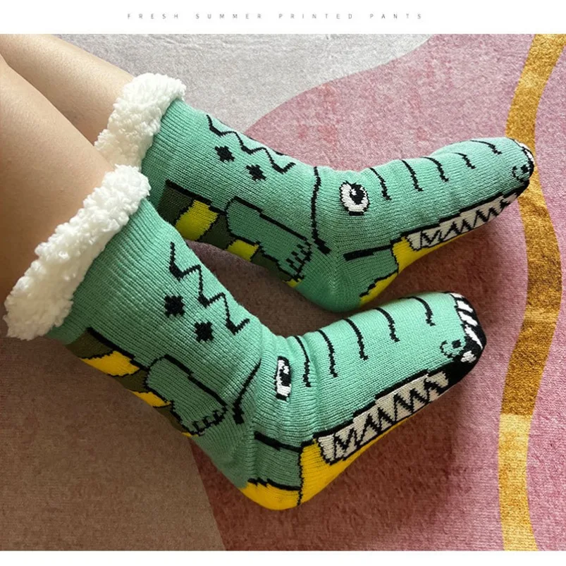 Fuzzy Thermal Sock Women dinosaur Winter Funny Cute Kawaii Non Slip Cartoon Sleeping Soft Comfy Female Short Floor Slippers Sock