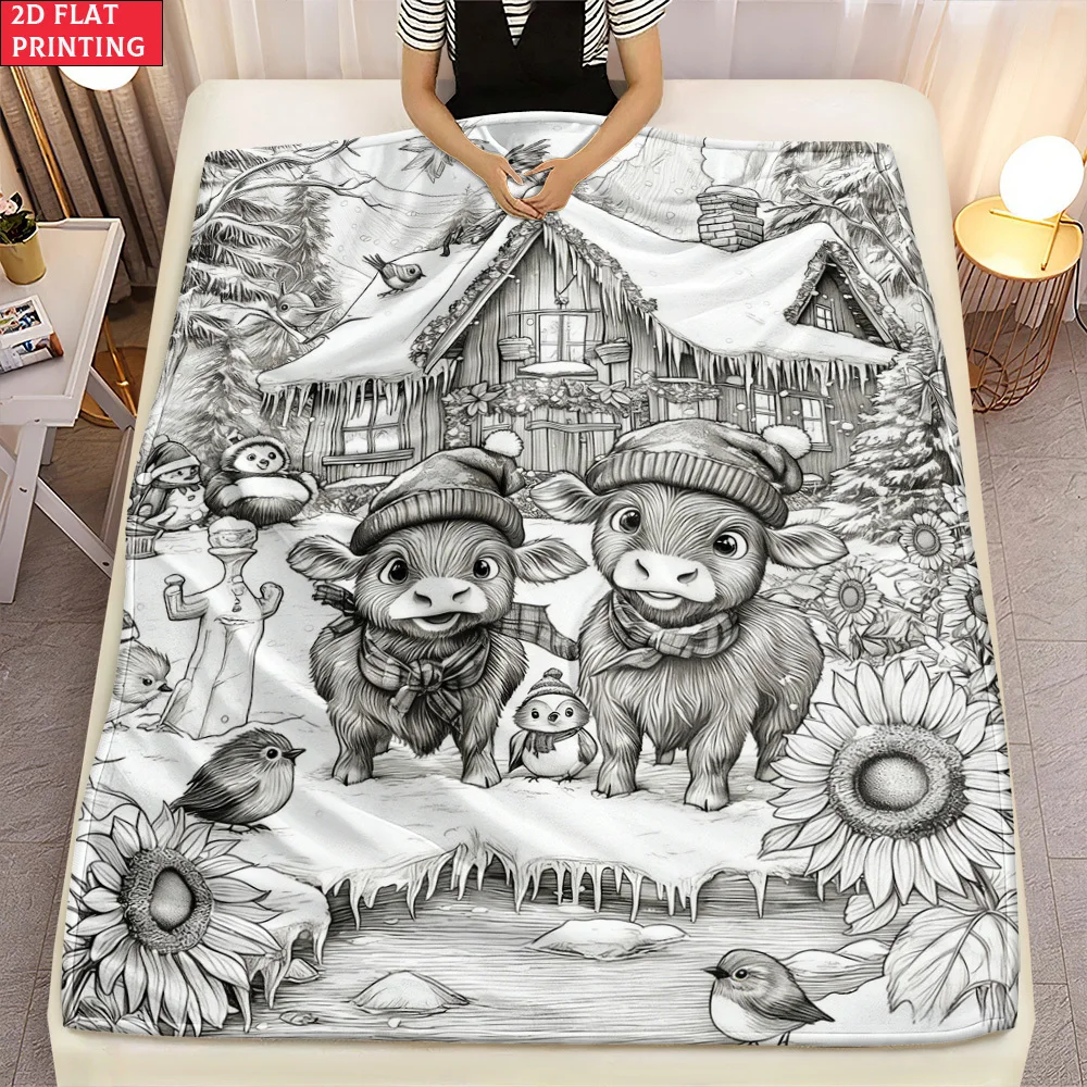 2D Flat Design, 1pc Forest Cabin Highland Cow Blanket - Home Bedding Blanket 280Gsm Suitable for Sofa Beds, Travel Camping, Livi