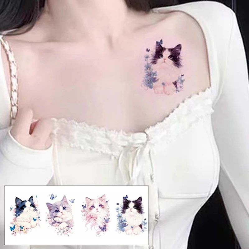 Autocollants de Tatouage Temporaire Papillon et Chat Mignon, Faux, Étanche, Durable, Ange, Bras, Dessin Animé, 4 Pièces/Lot