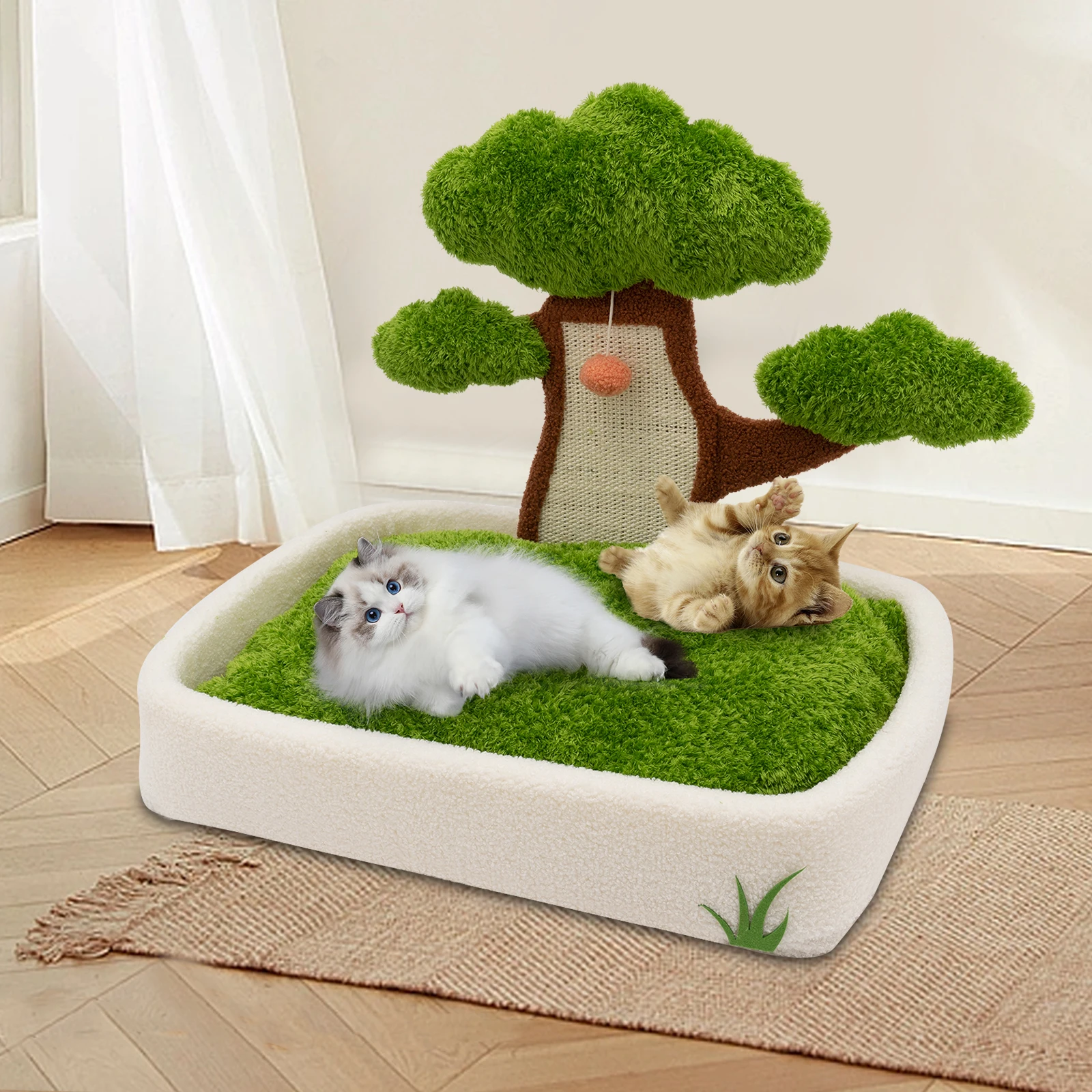 

Indoor Cat Furniture (Green)—Combines Cat Bed & Scratching Post, Plush Cat Ball+Anti-Moist Legs, Easy Assemble, Ideal for Home