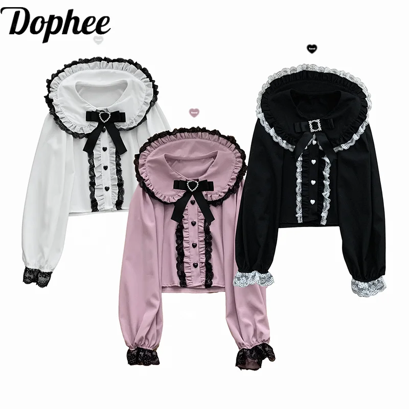 

Dophee Original Lolita Long Sleeve Shrits Elegant Bow Peter Pan Collar Casual Top Cute Lace Splicing Gothic Princess Blouses