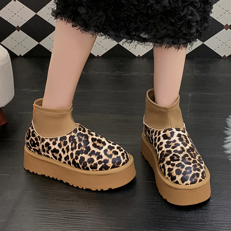 Leopard Flats Platform Women Shoes Snow Ankle Boots Trend Wnter New Designer Chelsea Boots New Casual Walking Mujer Botas