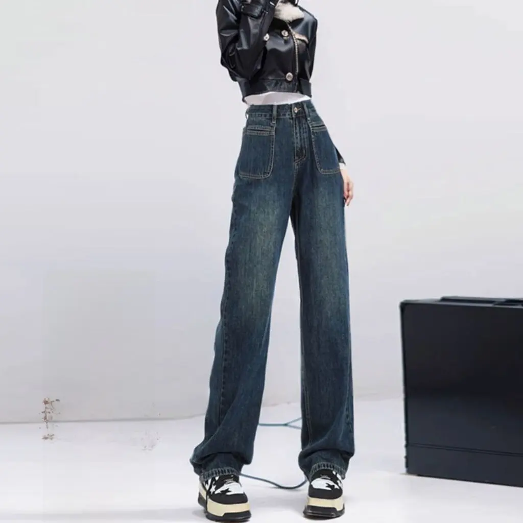 Blue Gray Fleece-Lined Jeans for Women High Waist Wide Leg Trousers Thick Warm Loose Fit with Pockets Straight Mop Pants