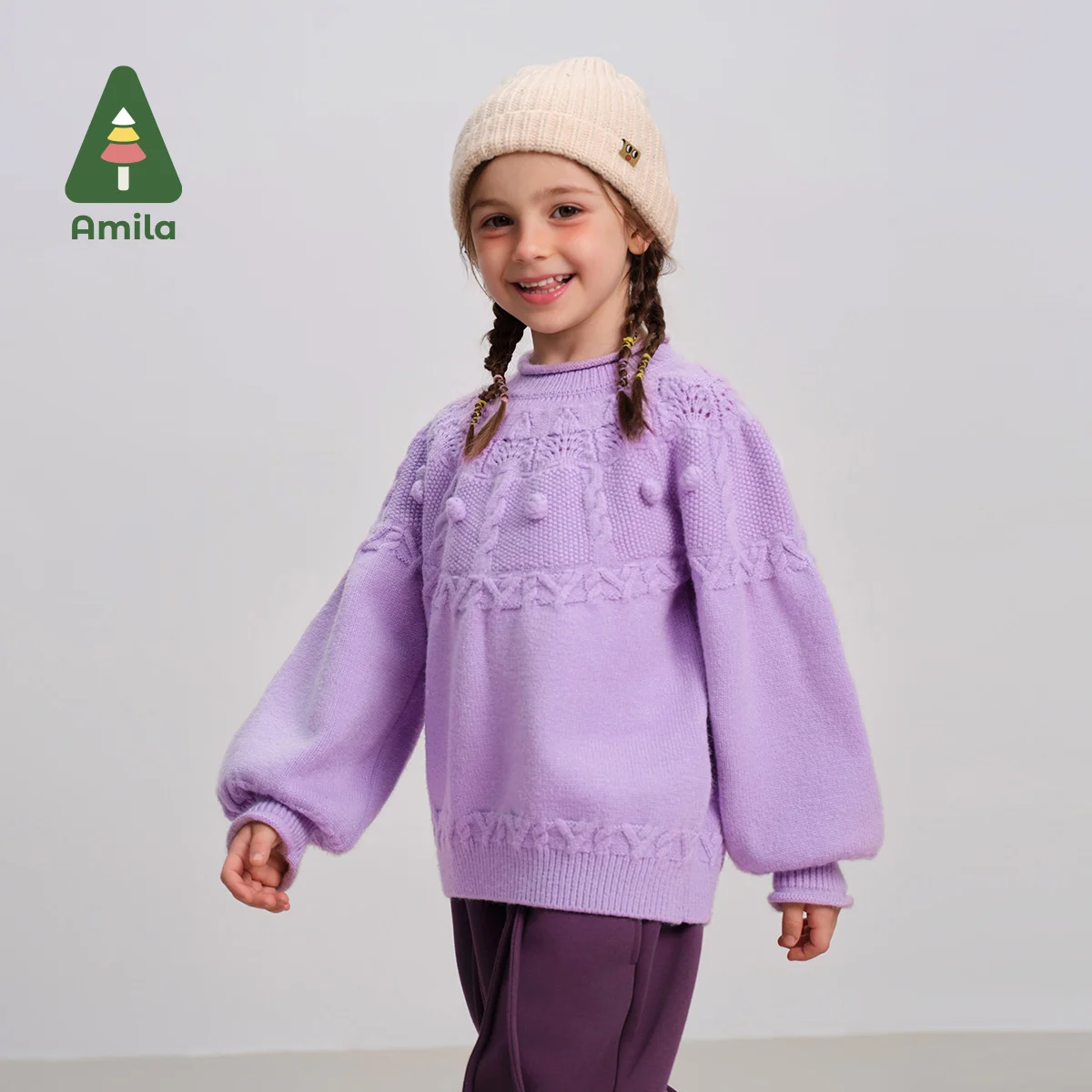 Amila Baby Sweater 2024 Winter New High Quality Solid Color Lantern Sleeve Round Neck Casual Loose Soft Children‘s Pullover