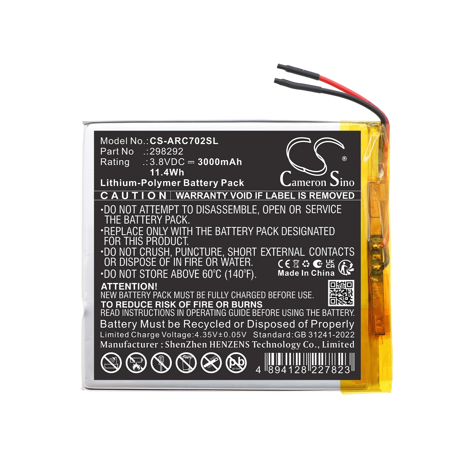 Cameron Sino 3.8V 3000mAh Replacement Tablet Battery 298292 GPC298292 for Archos 70 Oxygen AC70OX AC70OXV2