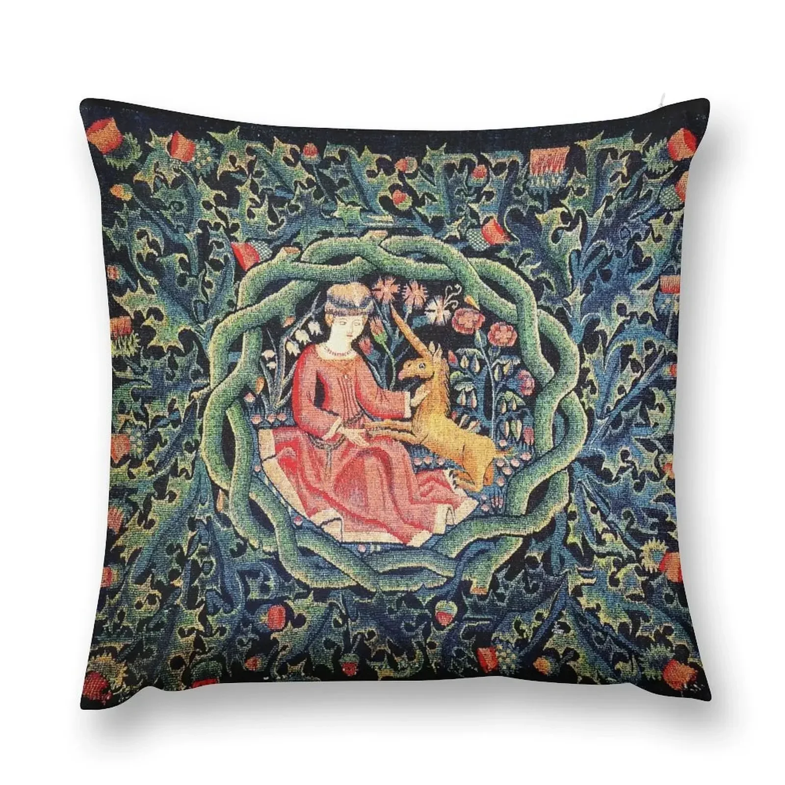 LADY AND UNICORN CROWN WITH RED THISTLES ,WILD FLOWERS Antique Green Blue Floral Throw Pillow