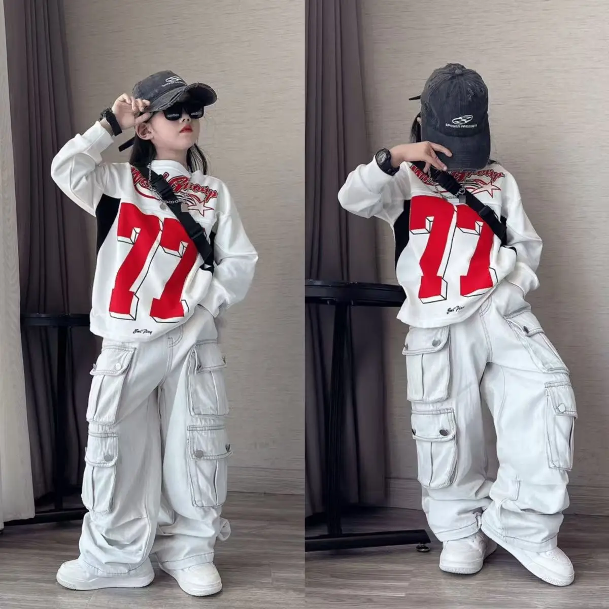 Children's Spring and Autumn Set 2026 New Trendy Cool Work Pants Jeans Girl's Casual Loose Hoodie Two Piece Set