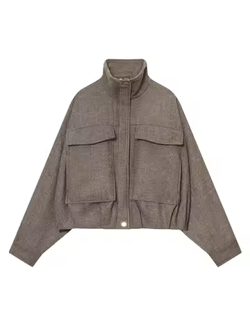 Women's Bomber Jacket Autumn 2025 New Stand Collar Lantern Sleeve Big Pocket Zipper Oversized Winter Coats Chic Ladies Outerwear