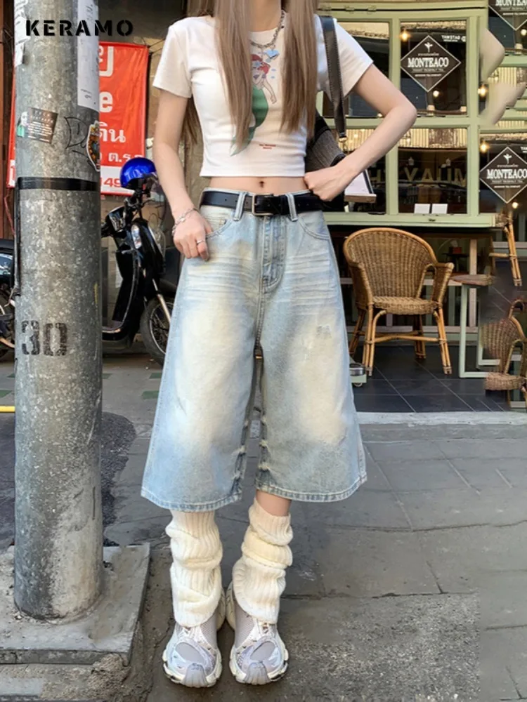 

2025 Spring Vintage Harajuku Aesthetic Style Jeans Women's Sweet Casual Calf-Length Pants Y2K Punk Street Baggy Denim Shorts