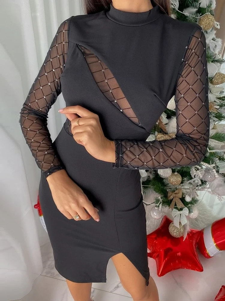 SsTss Women's Patchwork Mesh Hollow Out Mini Dress Sexy Black Stand Collar Long Sleeve Slim Fit Split Knee Length Bodycon Dress