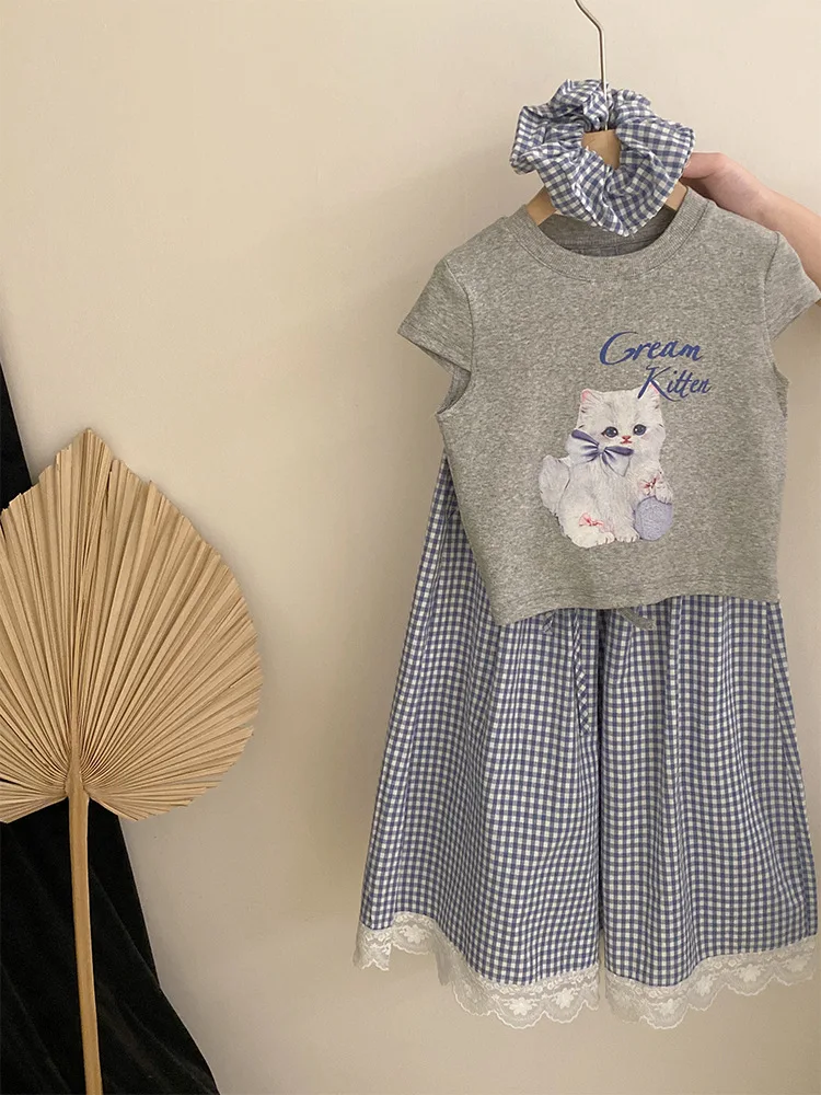 

Girls Summer2025New Bowknot Cat Print Short Sleeve Versatile Loose Wide-leg Casual Pants Two-piece Set Trendy