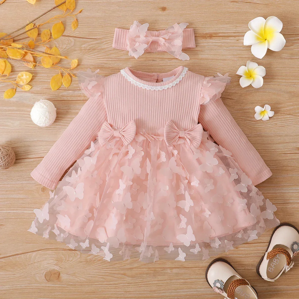 

2pcs Baby Girl 95% Cotton Ribbed Long-sleeve Splicing 3D Butterfly Appliques Mesh Dress with Headband Set