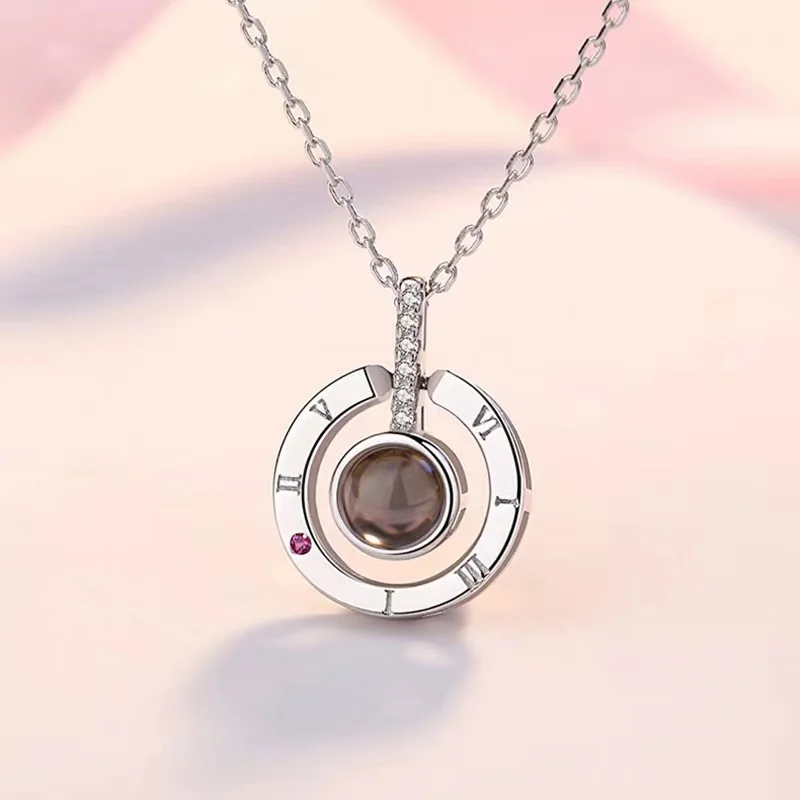 

100 languages Ferris wheel projection stone ring necklace pendant for women's versatile S925 pure silver necklace collarbone