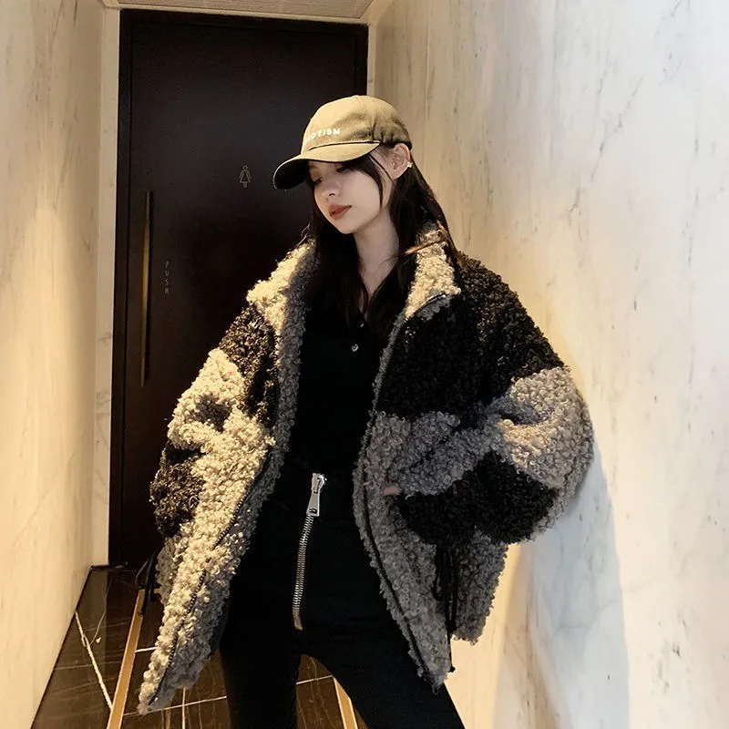 

2024 New Winter Coat Artifical Lamb Fur Plush Splicing Coat Women Men Unisex Loose Lazy Style Korean Fashion Loose Casual Soft