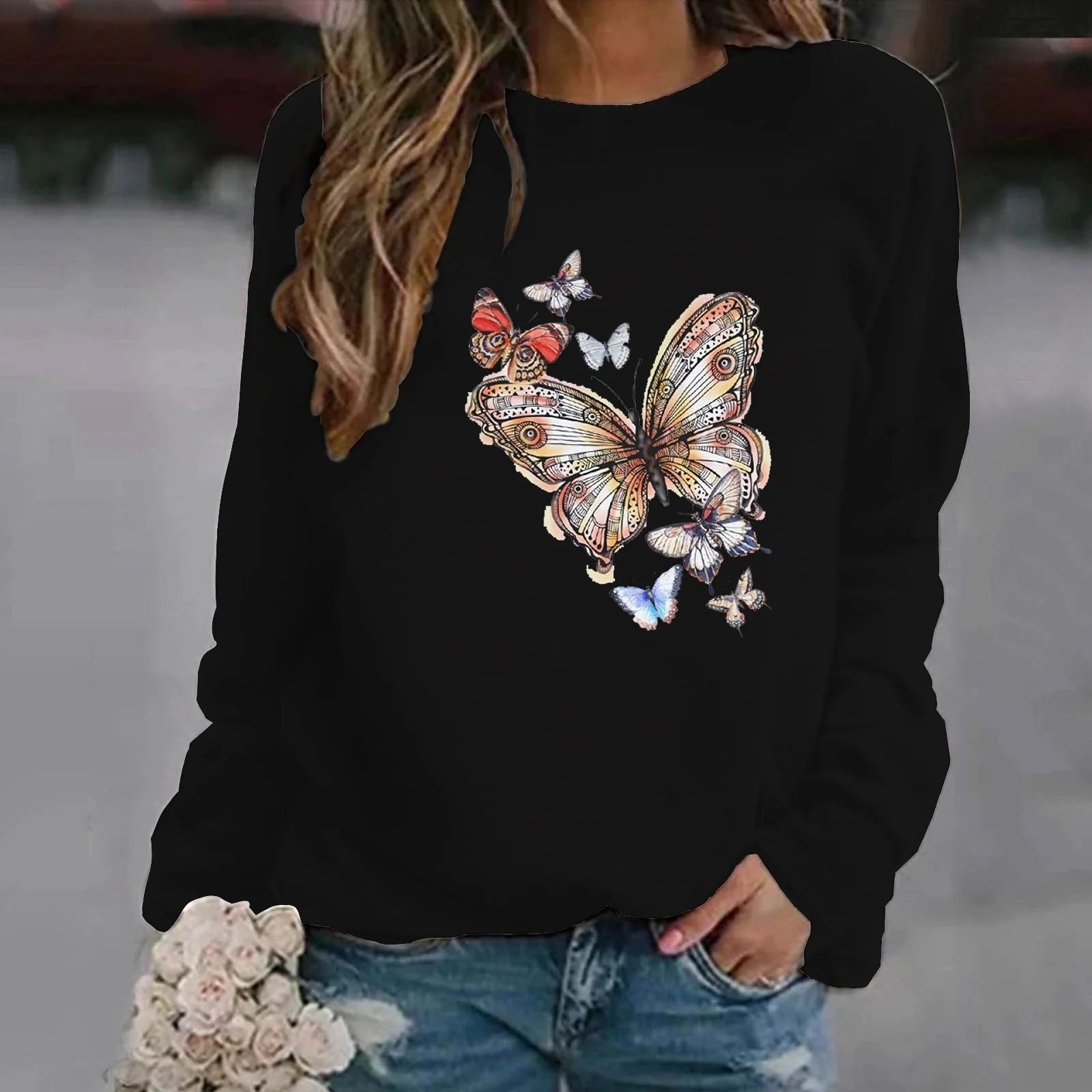 Popular Butterfly Printing Hoodless Sweatshirts For Women Autumn Winter Fashion Casual Solid Color Ladies O Neck Sweater