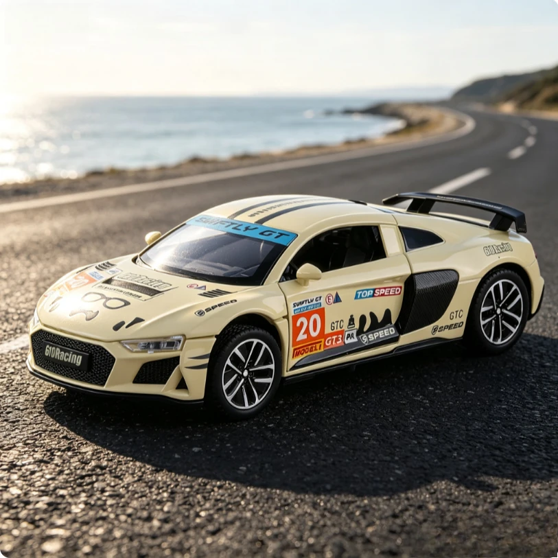 1:32 Painted version of Aodi R8 alloy car model, pull back sound and light simulation racing interior youth holiday trend gifts