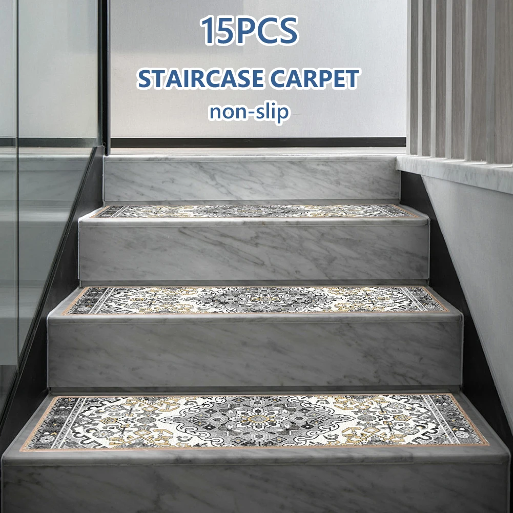 15PCS Carpet Stair Treads Set Reusable Non Slip Safety Mats Bohemian Stairway Carpet Rugs for Wooden Steps for Dogs Kids & Elder