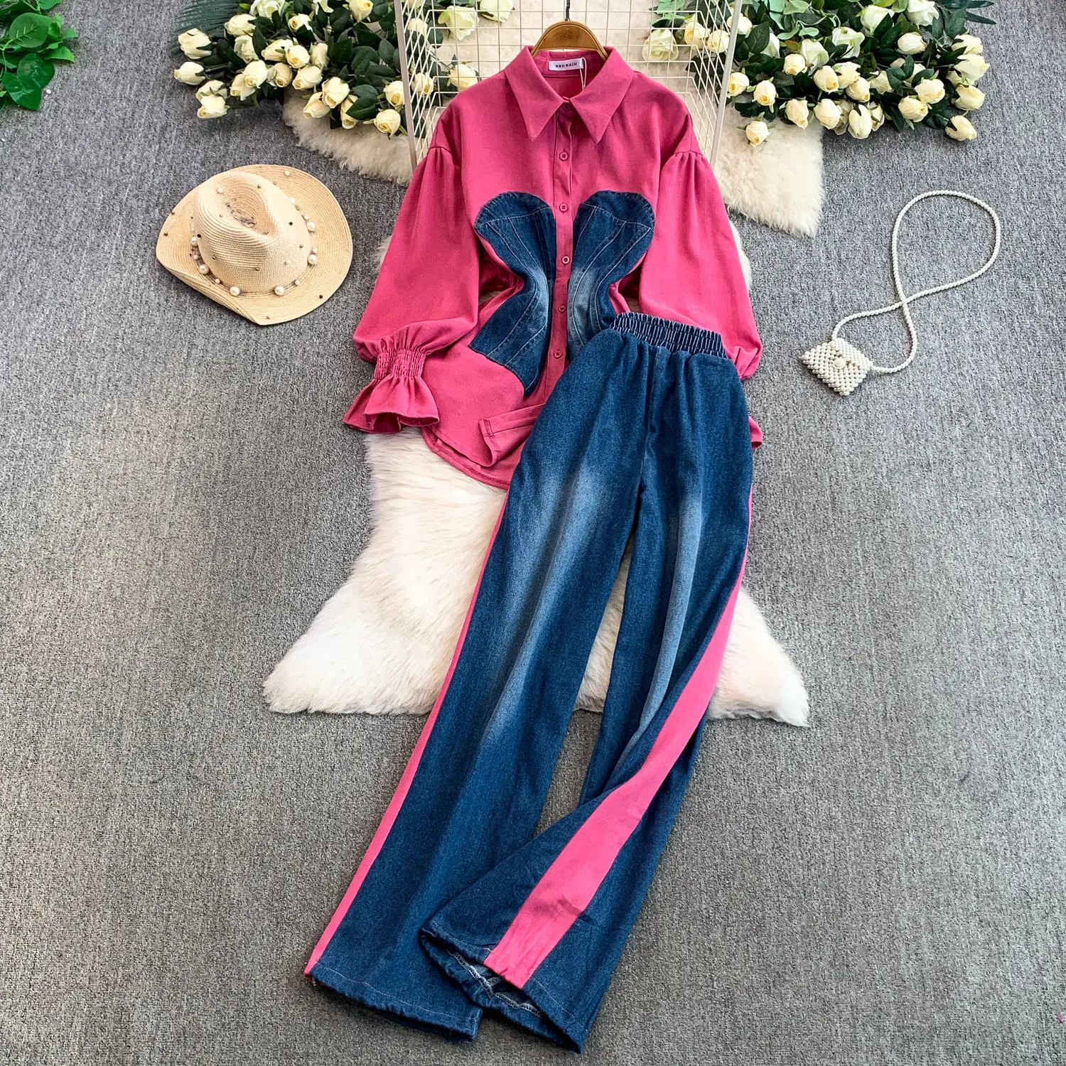 

SuperAen модная джинсовая рубашка в европейском и американском стиле с лацканами в стиле пэчворк, широкие брюки с высокой талией, комплекты из двух предметов