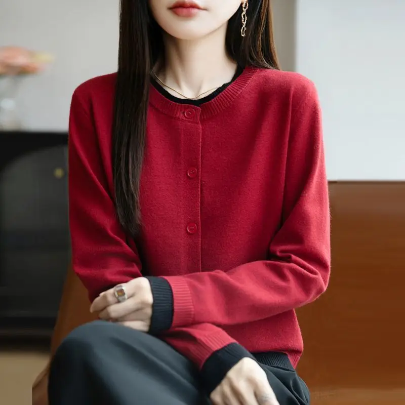 

2026 Autumn Winter New Sweater Temperament Women's Fake Two-piece Knitted Cardigan Female Knitwear Simple Loose Round Neck Top