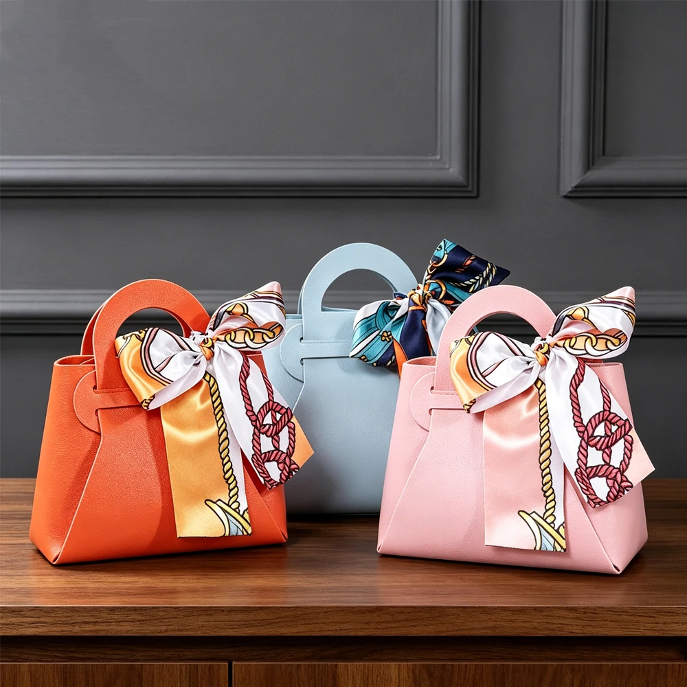 

100Pcs Custom Logo Leather Gift Bags Bow Ribbon Packaging Bag Wedding Favour Bags Eid Mubarak Candy Packaging Box Mini Handbag