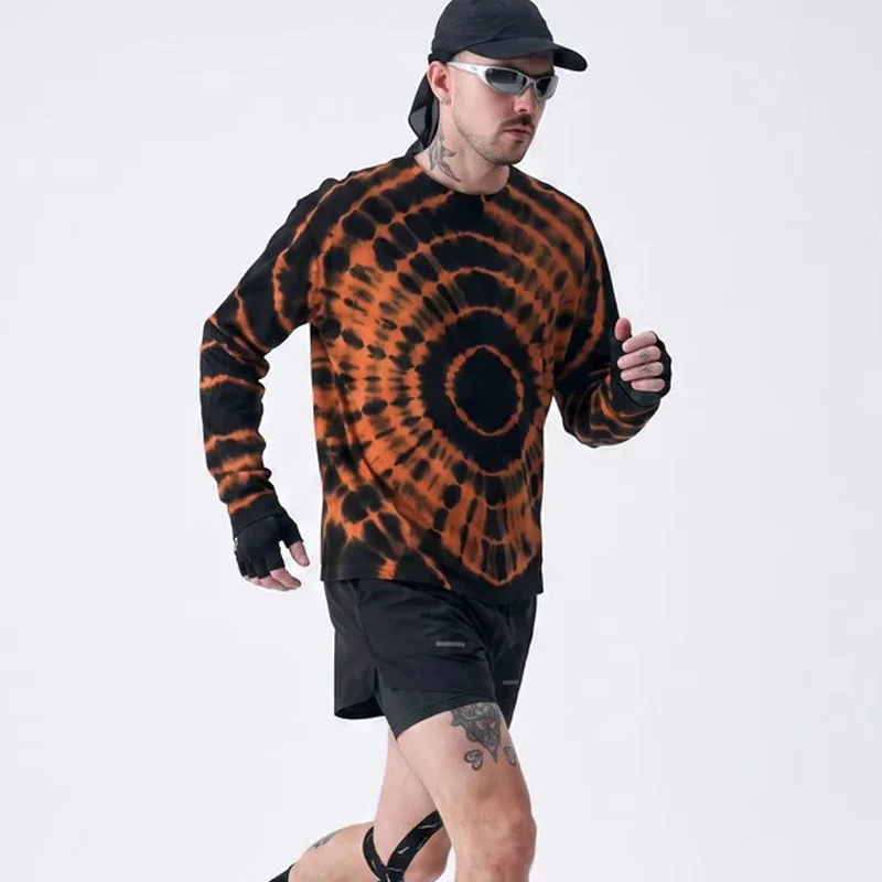 Men's Stretch Merino Wool Tie-Dye Long Sleeve T-Shirt – Vibrant Orange Outdoor Base Running & Hiking Unisex