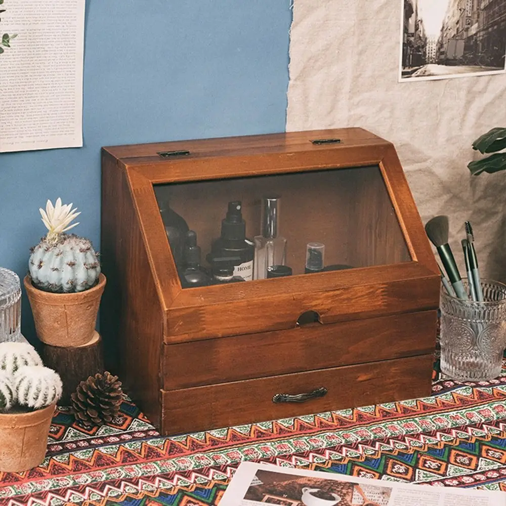 Vintage Wood Drawer Storage Box Dust-proof Glass Baffles Display Case Removable Multi-purpose Makeup Accessory Sorter Bedroom